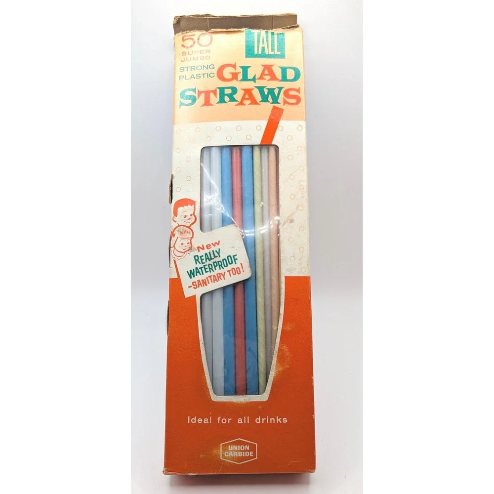 Vintage Glad Straws 50 Super Jumbo Tall Strong Plastic Union Carbide Retro Box